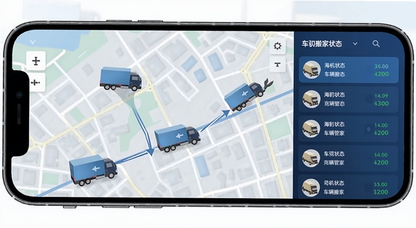 海豹搬家商家版 车辆调度管理界面 手机屏幕显示多辆货车图标在地图上移动 侧边栏展示司机状态列表 背景为城市道路网格 商务蓝色调