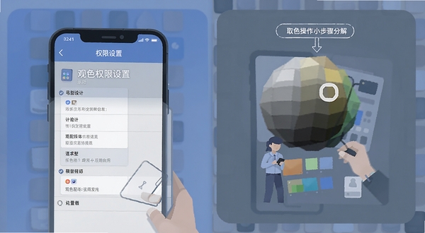 观色配色使用技巧示意图,手机屏幕显示权限设置页面和取色操作步骤分解,画面采用扁平化插画风格,配色以蓝灰为主