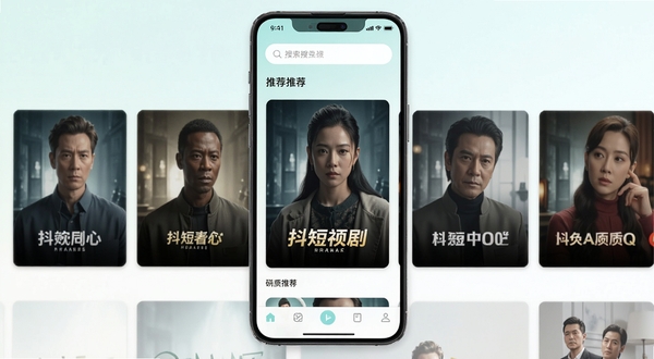 抖短剧免费看 软件主界面 手机竖屏展示 顶部搜索栏 中部推荐剧集封面 底部导航栏 清爽浅色背景 现代简约风格 高清细节