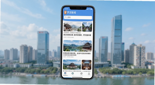 罗浮新闻软件主界面全景展示,画面中央是手机屏幕内呈现的新闻资讯瀑布流布局,顶部为罗浮新闻Logo与搜索栏,背景为博罗城市天际线虚化处理,整体色调明亮清新,适配Boogu模型生成