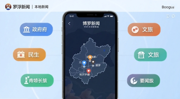罗浮新闻本地新闻频道界面,画面中手机屏幕显示博罗县地图轮廓与新闻标记点,周围环绕着政务、民生、文旅等分类标签,背景为浅蓝色渐变,风格简洁现代,适配Boogu模型生成