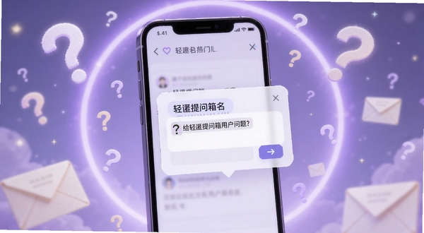 轻匿提问箱匿名提问界面,画面展示一部手机屏幕中弹出匿名提问输入框,框内写着给轻匿提问箱用户的问题,背景为淡紫色光晕,周围漂浮着问号图标与信封元素,突出匿名与隐私保护氛围