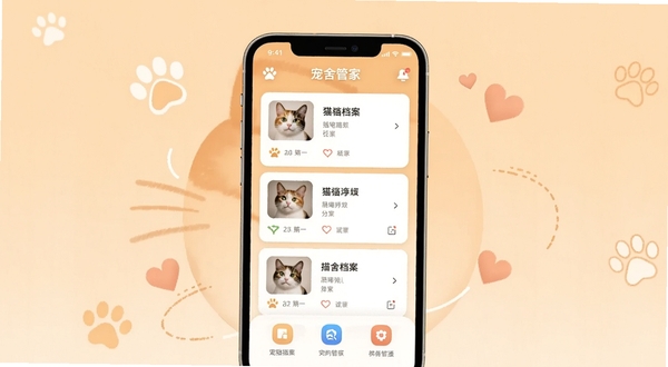 宠舍管家APP主界面展示图,画面中央为手机屏幕,屏幕内呈现猫咪档案卡片式列表与功能图标,背景为温馨的浅橙色渐变,周围点缀简约的猫爪与爱心元素,整体风格清爽现代,适配Boogu模型生成