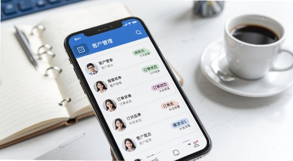 宠舍管家客户管理功能展示图,画面为手机屏幕特写,显示客户列表与订单状态标签,背景为简洁的办公桌面,有笔记本与咖啡杯,整体色调偏商务蓝与白色,突出高效管理氛围