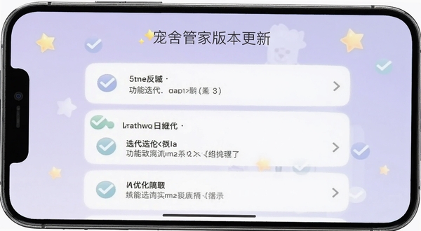 宠舍管家版本更新界面截图,手机屏幕显示更新日志列表,背景为淡紫色渐变,有星星与对勾图标点缀,整体风格简洁清新,突出功能迭代与优化细节