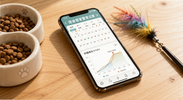 宠舍管家繁育记录界面示意图,画面中一部手机放置在木质桌面上,屏幕显示配种日历与幼猫成长曲线图表,旁边有猫粮碗与逗猫棒点缀,光线柔和温暖,体现专业繁育管理场景