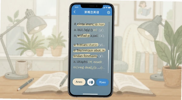 新概念英语APP双语音频播放界面,手机屏幕展示课文逐句点读功能,英音美音切换按钮醒目,句子高亮跟随音频滚动,背景为柔和的学习场景插画