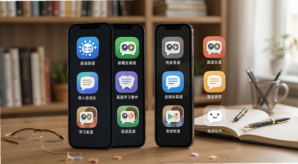 新概念英语APP与其他英语学习软件对比展示图,手机屏幕并列显示多个学习应用图标,背景为书架和笔记本元素,突出英语学习主题