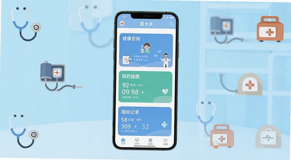 恩大夫安卓应用主界面全景展示图,画面中央放置一部竖屏手机,手机屏幕内呈现恩大夫App首页的健康咨询卡片、用药提醒和指标记录三大功能模块,背景为浅蓝色渐变医疗健康场景,四周点缀听诊器、血压计、药盒等扁平化图标元素,整体风格干净明亮,适配Boogu模型生成