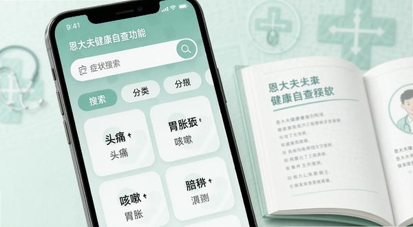 恩大夫健康自查功能界面展示图,画面主体为手机屏幕特写,屏幕中显示症状搜索框和分类标签,下方列出头痛、咳嗽、胃胀等常见症状条目卡片,背景为柔和的浅绿色医疗健康色调,手机旁放置一本翻开的健康手册,整体呈现专业且亲和的视觉风格