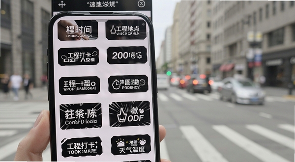 速改水印相机水印模板选择界面特写,画面主体为手机屏幕显示多种水印样式缩略图,背景为虚化的城市街景,突出工程打卡、时间地点、天气温度等水印内容,整体风格简洁直观