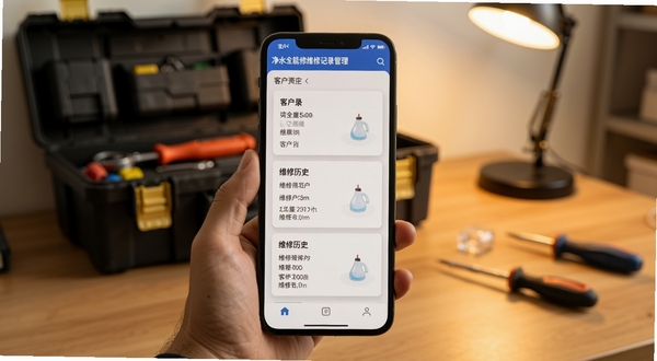 ��ˮȫ����ά�޼�¼�������棬�ֻ���Ļ��ʾ�ͻ��б���ά����ʷ��Ƭ������Ϊ�칫���빤���䣬ůɫ�����������
