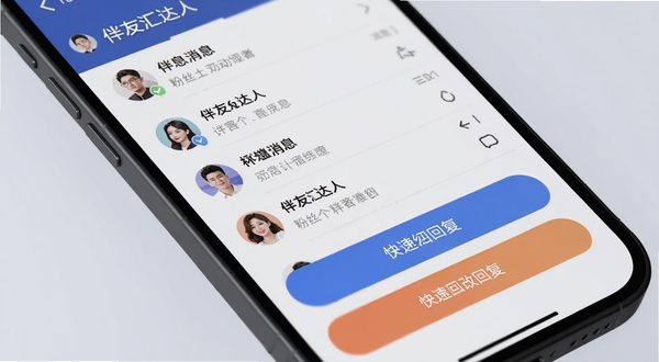 伴友汇达人 粉丝互动管理界面 手机屏幕特写 画面展示消息列表与快捷回复按钮 背景为柔和浅灰 高清UI细节