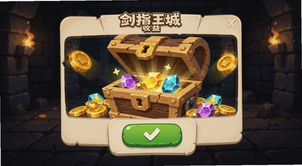 剑指王城 离线收益结算弹窗,画面中央为木质宝箱打开动画,周围散落金币与经验宝石,背景为暗色地牢场景,UI采用圆角卡片设计,按钮为绿色确认键,整体风格轻松明快
