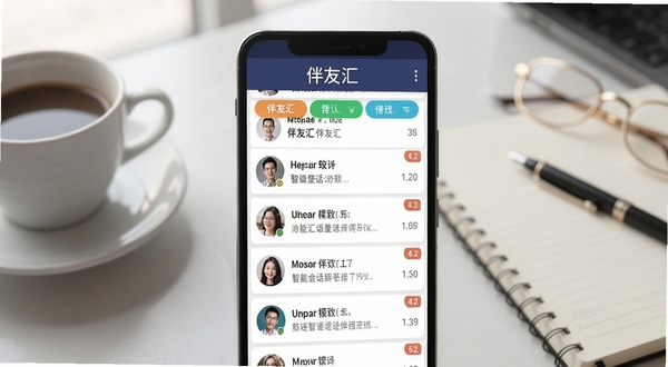 伴友汇智能会话整理功能界面,画面主体为一部安卓手机,屏幕中展示多个彩色标签页与整齐排列的会话条目,每个条目左侧带有好友头像缩略图,右侧标注未读数量角标,背景为办公桌面一角,有咖啡杯与笔记本作为点缀,光线柔和自然,突出软件名称伴友汇在屏幕顶部居中显示