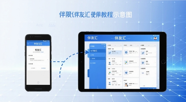 伴友汇使用教程示意图,画面展示一部安卓手机与一部平板电脑并排摆放,手机屏幕上显示权限设置界面,平板屏幕上显示分组管理界面,两者之间用虚线箭头连接,背景为简洁的科技感网格图案,整体色调为蓝白搭配,屏幕上方均标注伴友汇名称