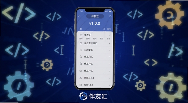 伴友汇版本更新界面截图,画面中心为手机屏幕,屏幕内展示更新日志列表与版本号v1.0.0字样,背景为深蓝色渐变,四周环绕发光的代码符号与齿轮图标,整体风格偏向科技感,屏幕下方有伴友汇品牌标识