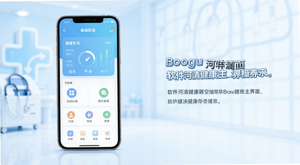 软件河清健康主界面全景展示,画面中央为手机屏幕内呈现健康数据仪表盘与功能图标,背景为柔和的浅蓝色渐变医疗健康主题,主体手机位于画面正中偏左,右侧区域留白用于展示文字说明,整体风格清新简洁,适配Boogu模型生成