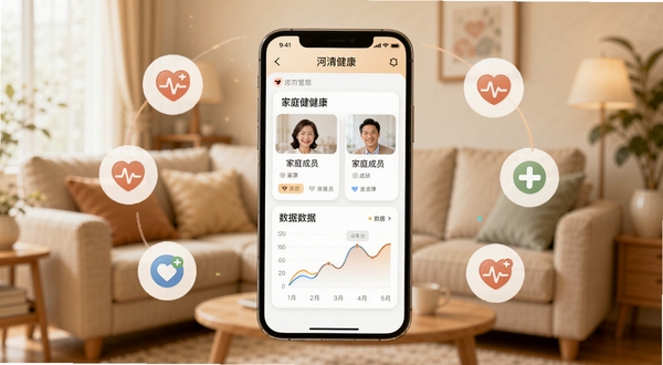 河清健康应用内的健康档案管理界面,画面中心为手机屏幕显示家庭成员健康卡片与数据曲线图,背景为温馨的家庭客厅场景虚化处理,手机位于画面中央,四周环绕健康图标元素,整体色调温暖明亮,适配Boogu模型生成