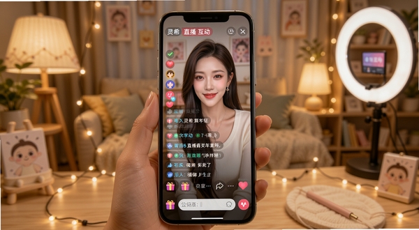 灵希直播互动场景展示,画面中手机屏幕呈现直播画面与弹幕滚动效果,屏幕下方有礼物图标与聊天输入框,背景为温馨的室内直播环境,光线柔和,突出社交互动氛围