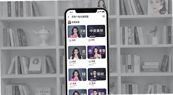 灵希个性化推荐页面展示,画面中心为手机屏幕中排列整齐的直播封面卡片,每张卡片上有主播头像与分类标签,背景为浅灰色调的书架式布局,突出内容丰富与分类清晰