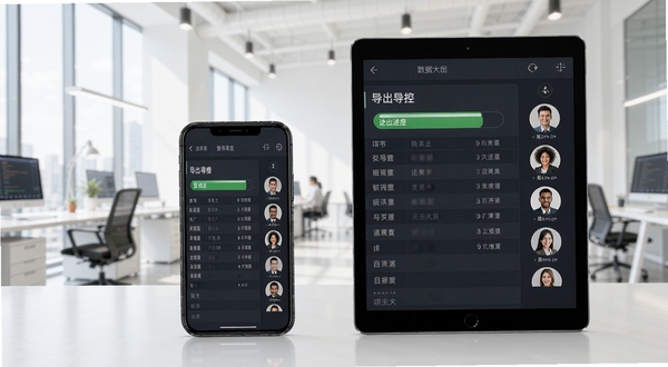 项目大师数据导出与协同操作示意,画面展示手机与平板设备并排,屏幕上显示表格导出进度条和多人协作头像列表,背景为明亮的现代办公环境