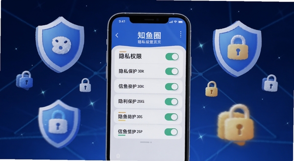 知鱼圈隐私设置页面概念图,画面中心是手机屏幕显示隐私权限开关列表,屏幕周围环绕着盾牌与锁形图标,背景为深蓝色渐变,整体传递安全与信任感,突出知鱼圈的隐私保护功能,适配Boogu模型生成