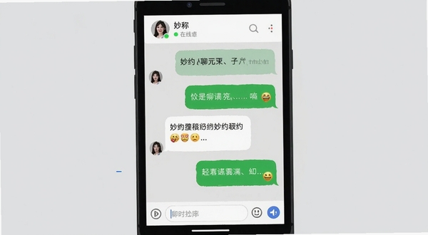 妙约聊天对话界面,手机屏幕展示聊天气泡与输入框,气泡内包含文字与表情,顶部显示对方昵称与在线状态,背景为浅灰色,风格简洁清晰,突出即时通讯功能