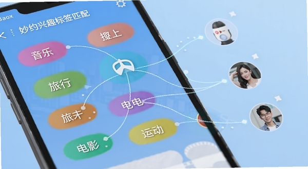 妙约兴趣标签匹配界面,手机屏幕显示多个彩色兴趣标签如音乐、旅行、电影、运动等,标签之间有连线指向推荐用户头像,背景为浅蓝色渐变,风格现代科技感,突出智能匹配概念