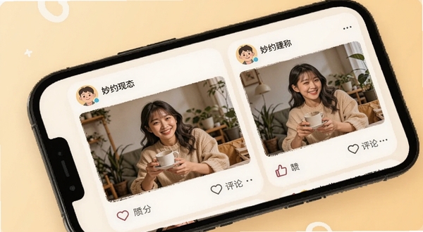 妙约动态广场界面,手机屏幕展示用户发布的图文动态卡片,包含头像、昵称、图片与点赞评论按钮,背景为浅暖色调,风格温馨生活化,突出社区分享氛围