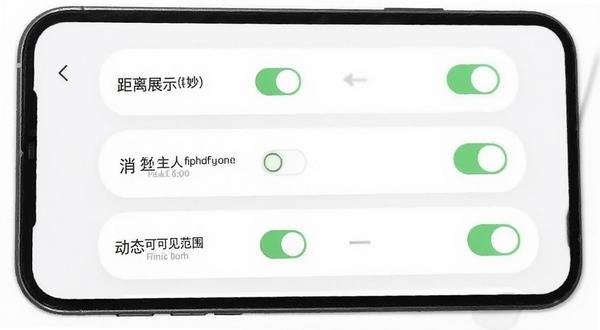 妙约隐私设置页面,手机屏幕显示多个开关按钮如距离展示、陌生人消息、动态可见范围等,界面采用卡片式布局,背景为白色,风格干净利落,突出隐私保护功能