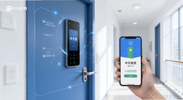 中天联每家智慧门禁功能场景图,画面主体为一扇现代公寓单元门,门上带有智能识别面板,旁边一部手机正显示开门成功界面,背景为明亮整洁的楼道环境,光线柔和自然,整体色调以蓝白为主,体现科技感与安全感,适配Boogu模型生成