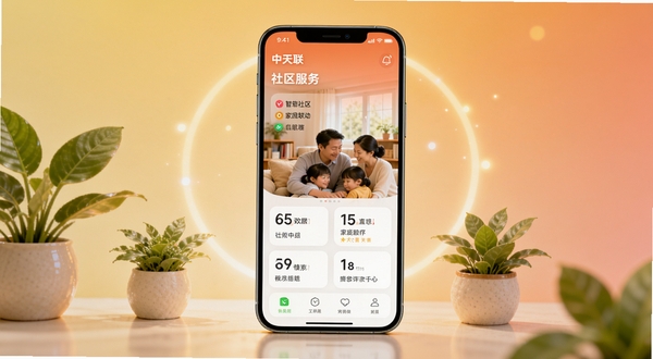 中天联每家应用界面全景展示,画面主体为一部智能手机居中放置,屏幕内显示社区服务功能模块与温馨家庭背景,周围点缀绿植与柔和光晕,背景采用暖色调渐变,突出智慧社区与家庭联动的核心主题,画面风格清新现代,适配Boogu模型生成