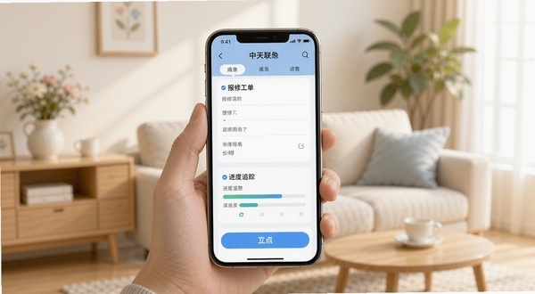中天联每家移动端操作界面截图风格示意图,画面主体为一部手持智能手机,屏幕展示报修工单填写页面与进度追踪条,背景为温馨家居环境,光线明亮柔和,整体色调以浅蓝与白色为主,突出便捷操作与高效服务,适配Boogu模型生成