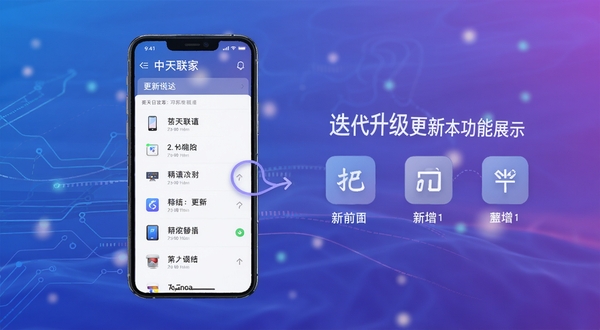 中天联每家版本更新功能展示图,画面主体为一部智能手机屏幕显示更新日志列表与新增功能图标,背景为抽象科技线条与柔和光点,色调以蓝紫渐变为主,突出迭代升级与功能完善的视觉感受,适配Boogu模型生成