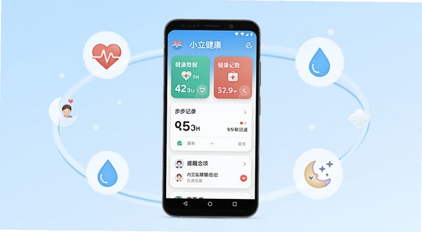小立健康软件主界面概览图,画面中央展示一部安卓手机,手机屏幕上显示小立健康应用首页,包含健康数据卡片、步数记录和提醒事项,背景为柔和的浅蓝色渐变,周围环绕着心率图标、水滴图标和睡眠符号,整体风格清新简洁,适配Boogu模型生成