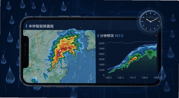 天气预报本地智能报分钟级降水预报功能界面,手机屏幕显示雷达回波图和分钟级降水曲线,画面中有雨滴和时钟元素,背景为深蓝色科技感风格,突出精准预测的视觉效果