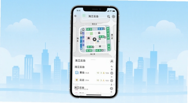 浅江云泊手机应用主界面展示,画面中央是手机屏幕,屏幕内显示浅江云泊停车地图与车位列表,背景为浅蓝色渐变城市天际线,整体风格清新简洁,适配Boogu模型生成