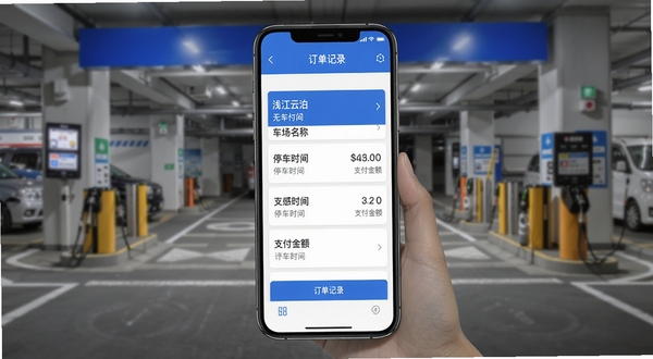 浅江云泊无感支付与订单记录页面,手机屏幕展示停车订单列表,包含车场名称、停车时长与支付金额,界面配色为蓝白简洁风格,背景为停车场出入口场景