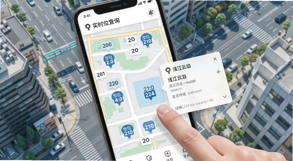 浅江云泊实时车位查询界面,手机屏幕显示地图上多个停车场标记与空位数字,用户手指点击其中一个车场弹出详情卡片,背景为城市街道俯瞰图,画面明亮现代