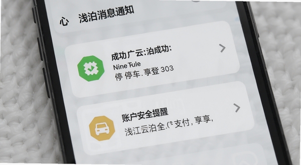 浅江云泊消息通知中心界面,手机屏幕展示停车支付成功与账户安全提醒两类通知卡片,图标清晰,背景为简约浅灰纹理