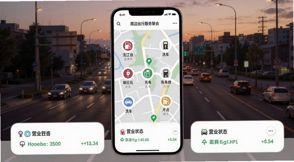 浅江云泊周边出行服务聚合页面,手机屏幕显示加油站、充电桩、洗车点图标分布在地图上,底部卡片展示距离与营业状态,背景为傍晚城市道路