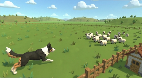 犬驱羊归游戏主界面全景,画面中央是一片开阔的绿色草原牧场,远处有起伏的丘陵和蓝天白云,近景左侧一只黑白相间的牧羊犬正在奔跑,右侧一群白色绵羊散布在草地上,画面右下角有木质围栏和牧羊人小屋,整体风格为低多边形卡通渲染,色彩明快柔和,适配Boogu模型生成。