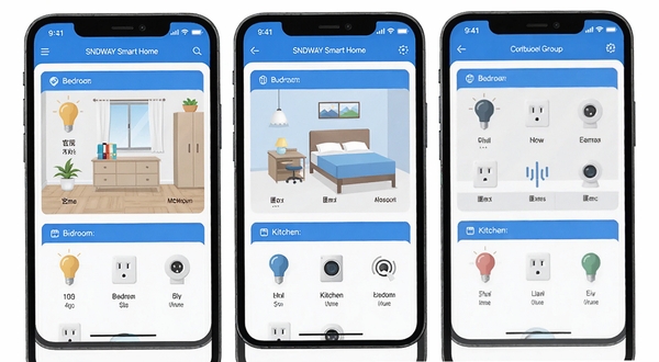 SNDWAY Smart Home应用界面展示多设备管理面板,手机屏幕中显示客厅、卧室、厨房等分组,每个分组下有智能灯泡、插座、传感器图标,界面干净整洁,蓝色与白色为主色调,科技感扁平化设计