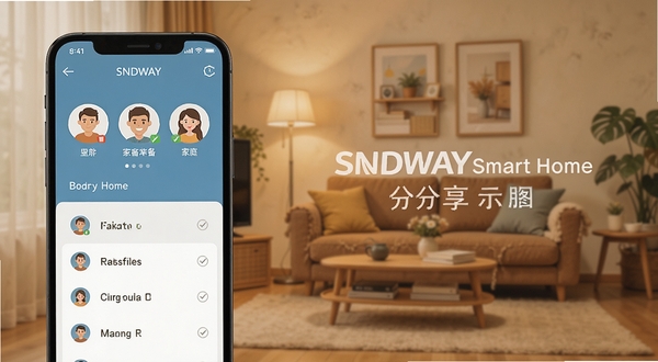 SNDWAY Smart Home设备分享功能示意图,手机屏幕显示家庭成员头像与设备权限列表,背景为家庭客厅场景,温暖色调,扁平化图标风格,高清细节