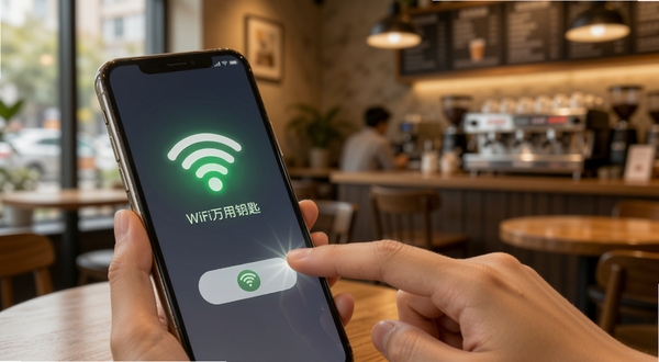 WiFi����Կ��һ��������ӹ���ʾ��ͼ������չʾ��ָ�ᴥ�ֻ���Ļ�ϵ����Ӱ�ť����Ļ��WiFiͼ��������ʾ������״̬������Ϊ������������ɫ����ů���ʣ�����Booguģ������