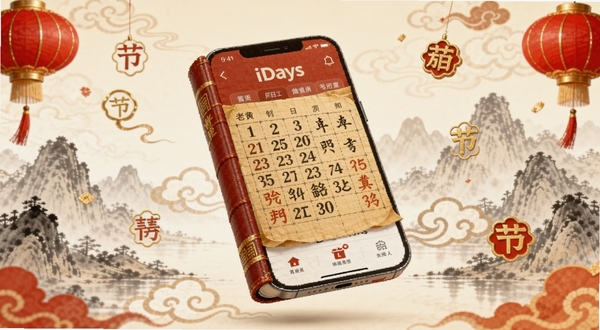 画面主体为一本悬浮在空中的数字化老黄历iDays界面,背景区域为淡雅的中国风水墨山水与祥云图案,四周点缀红色灯笼与金色节气符号,整体色调以暖黄与朱红为主,展现传统历法与现代手机应用结合的场景,高清细节,柔和光影