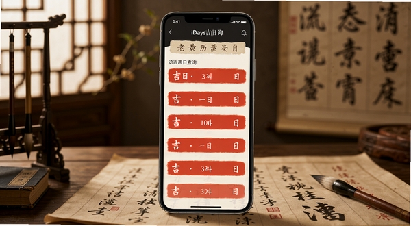 老黄历iDays吉日查询功能界面,手机屏幕显示红色吉日高亮列表,背景为中式书房与毛笔字帖,光线柔和,古风韵味