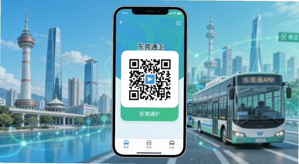 东莞通APP主界面展示,手机屏幕中央显示东莞通乘车码二维码,背景为东莞城市地标与公交地铁元素融合,蓝绿色调清新明亮,科技感与生活气息结合,画面主体为手机与界面,背景虚化处理,适配Boogu模型生成
