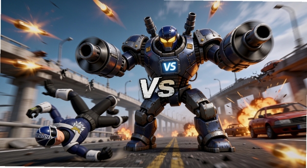 �쾯VS����ǹBossս����������������һ���޴�Ļ�еװ�׵��ˣ�˫�۴�����ת�ڹܣ��쾯��ɫ�ڻ������½Ƿ�������ӵ�������������ĸ߼��ź�ȼ�յĳ�������̬ģ��Ч������ը��⣬���Ŵ̼���ս����Χ��3D��ͨдʵ���
